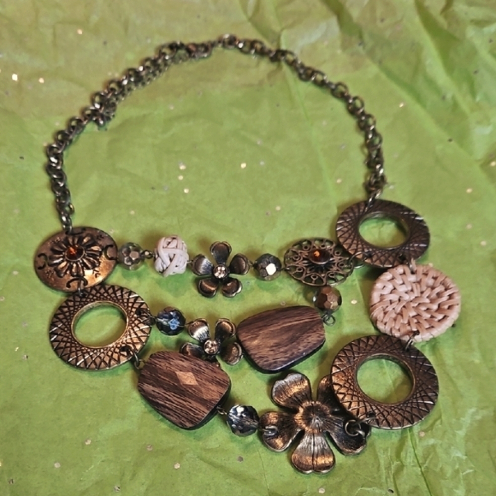 Mixed Metal and Wood Vintage Necklace, Tiered, Boho, Unique Statement Piece